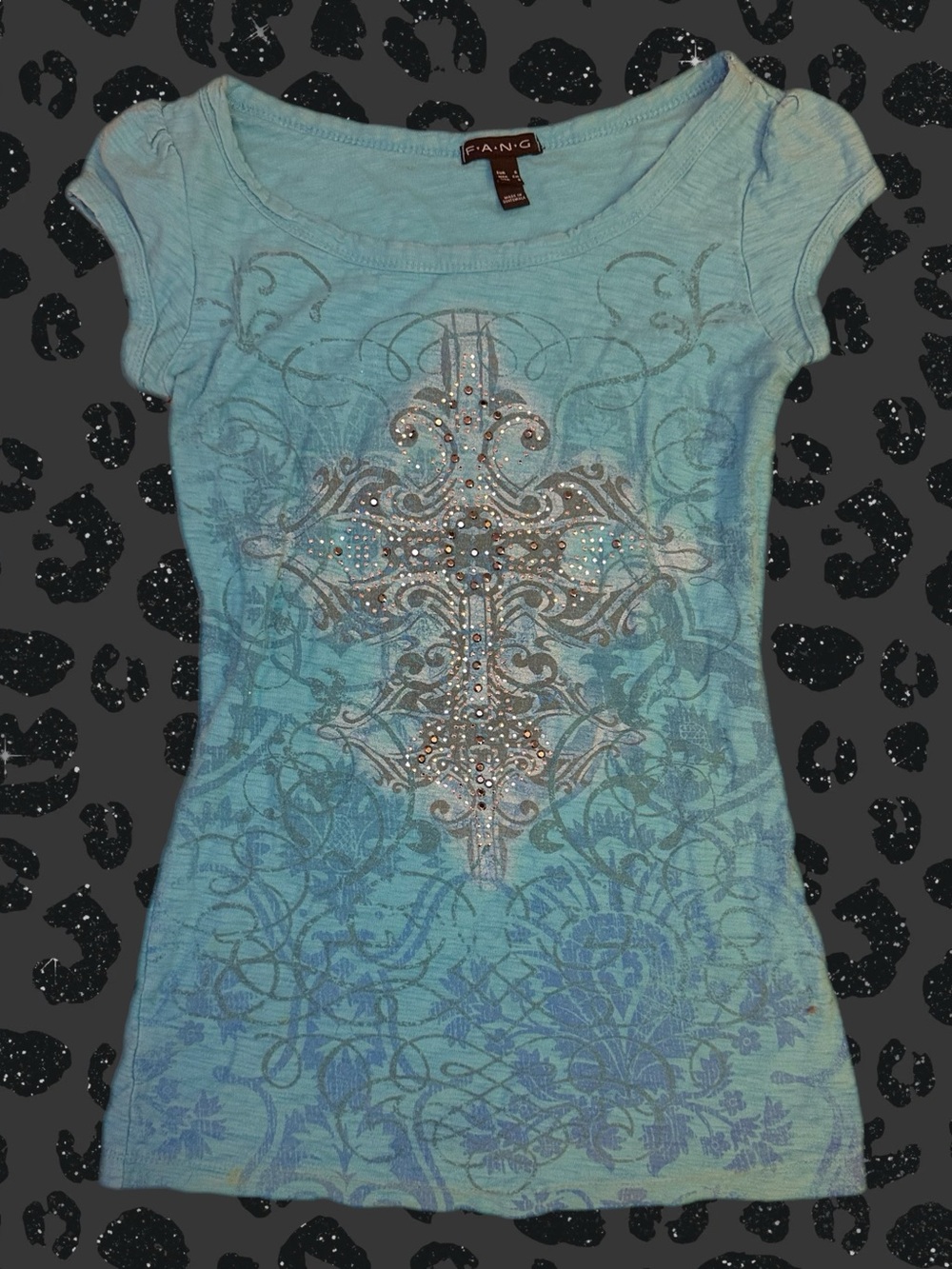 Fang Aqua Blue Graphic Cross Tee with Rhinestones